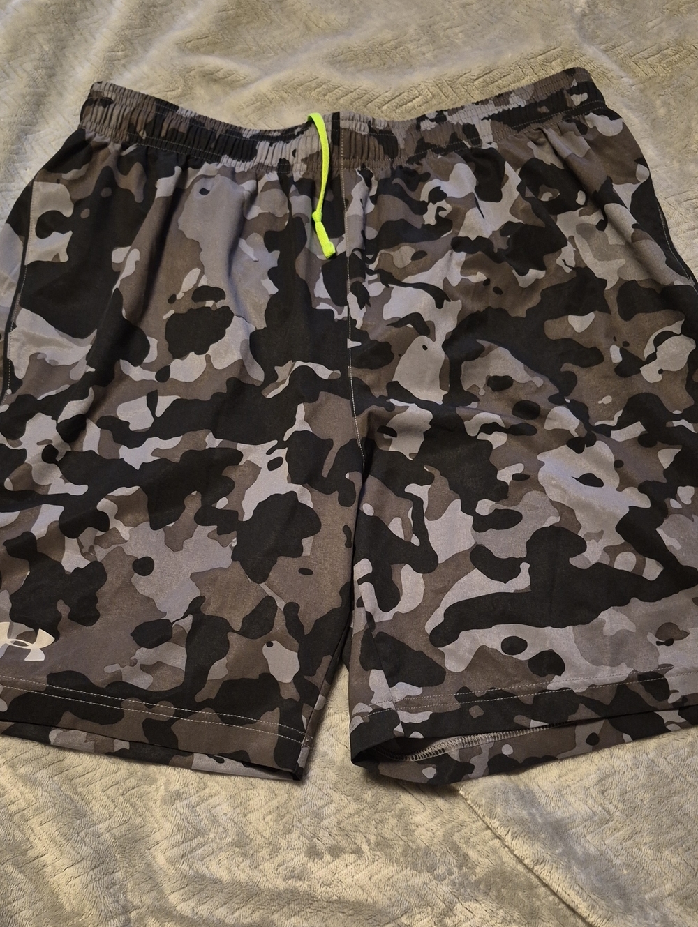 Under Armour Gray & Black Camo Running Shorts with Neon Drawstring